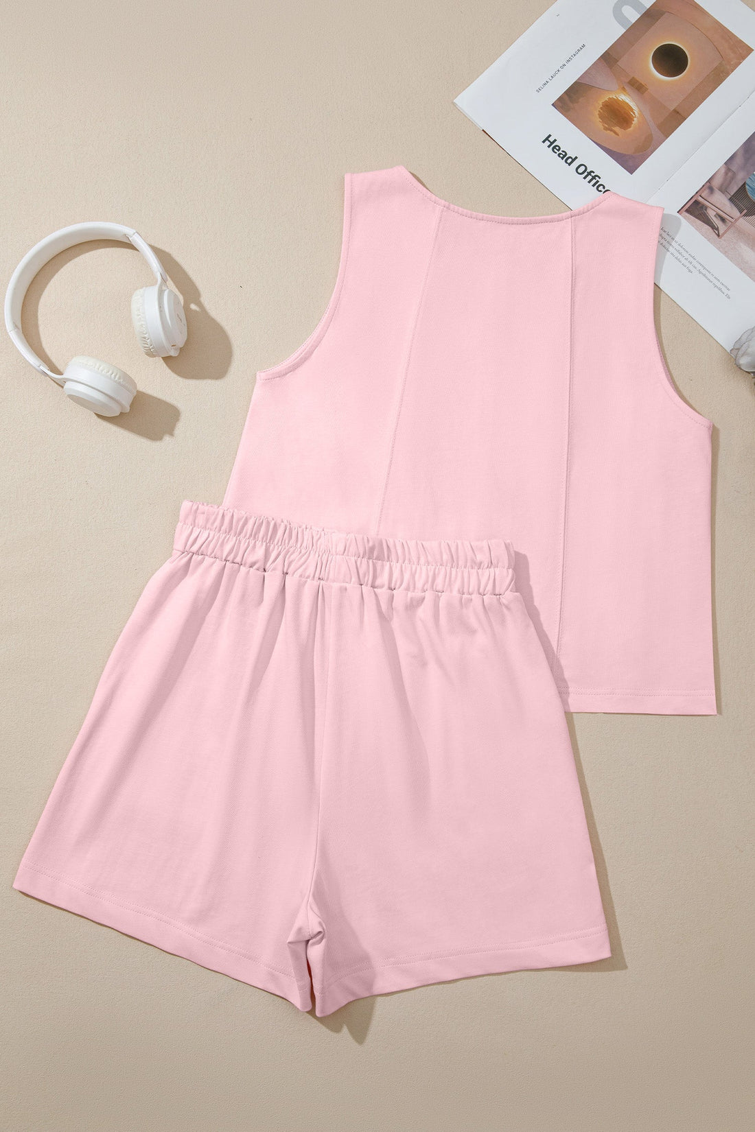 Solid Stitched Tank Top and Elastic Waist Shorts Set