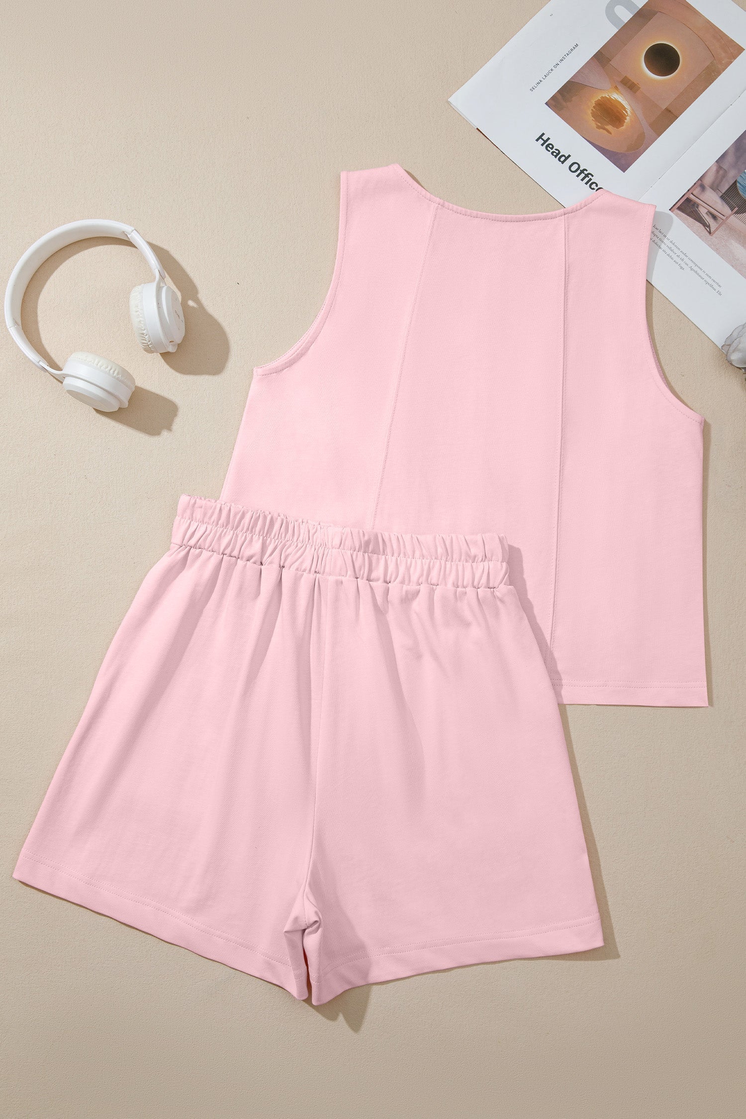 Solid Stitched Tank Top and Elastic Waist Shorts Set