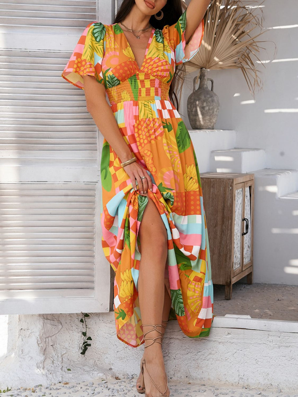Printed V-Neck Short Sleeve Maxi Dress with Smocked Detail