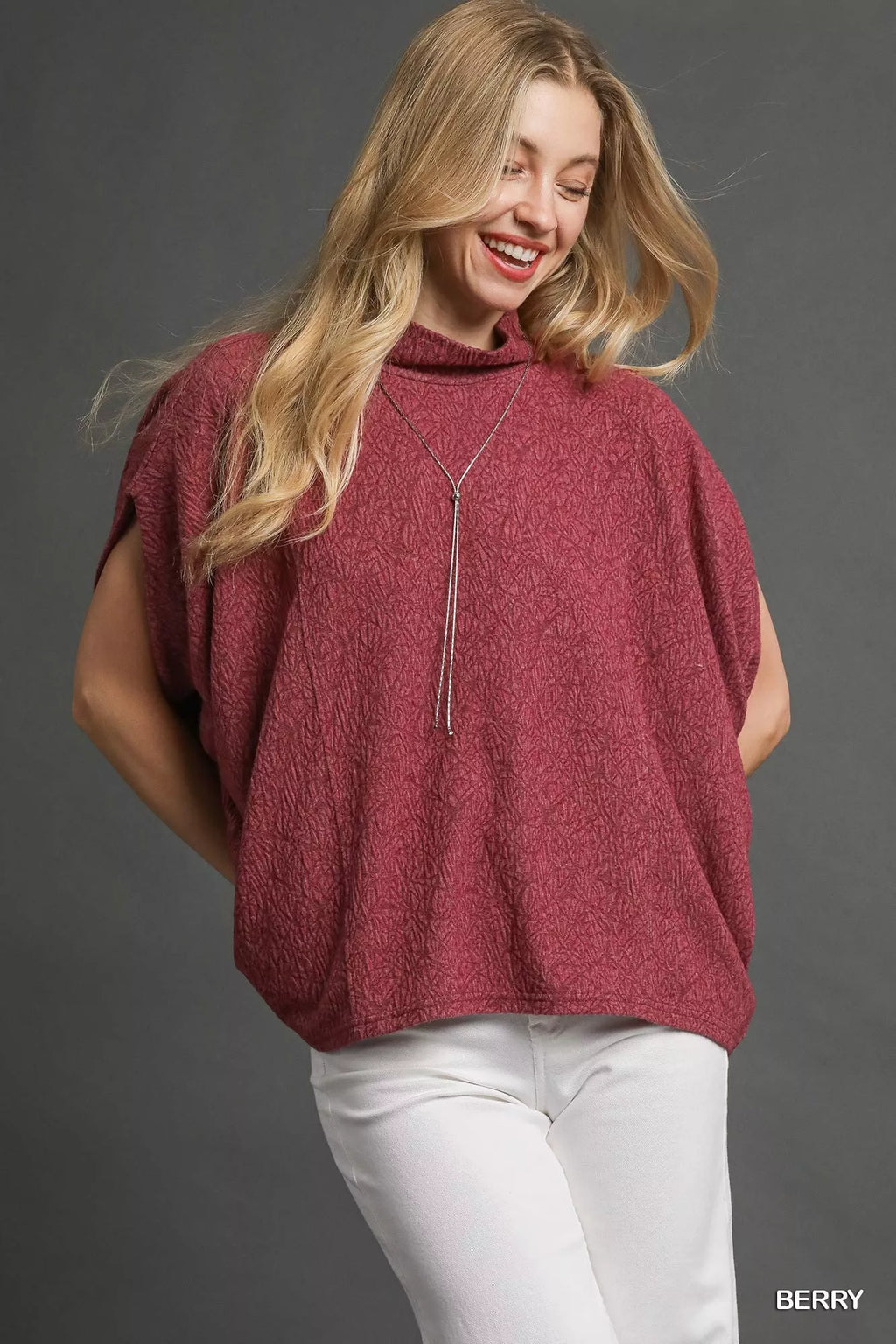 Textured Mock Neck Relaxed Top in Berry