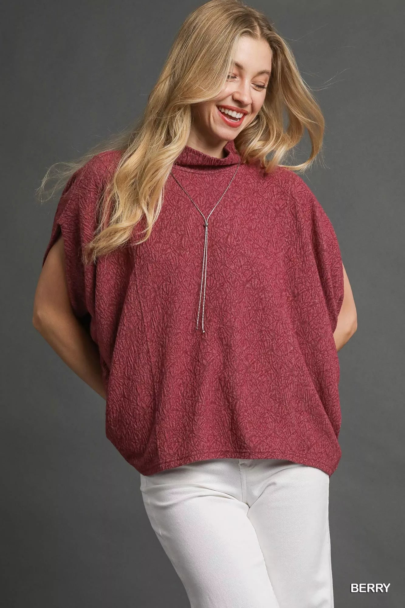 Textured Mock Neck Relaxed Top in Berry