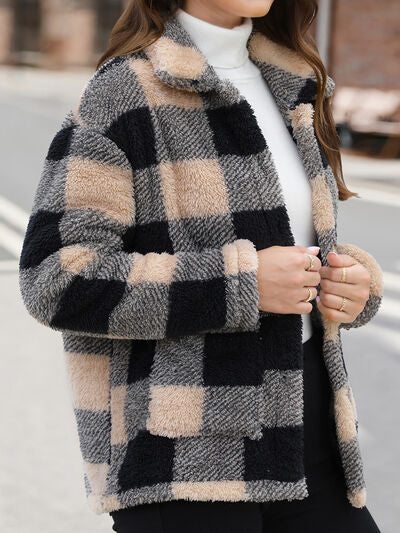 Women's Red Drop Shoulder Fuzzy Button-Up Jacket