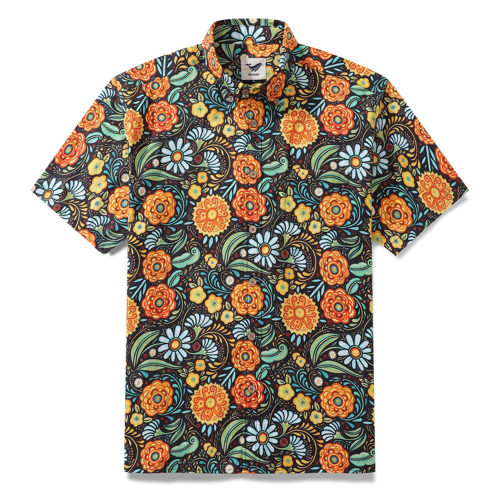 Short sleeve 1950s style floral cotton shirt in orange, yellow, and white.