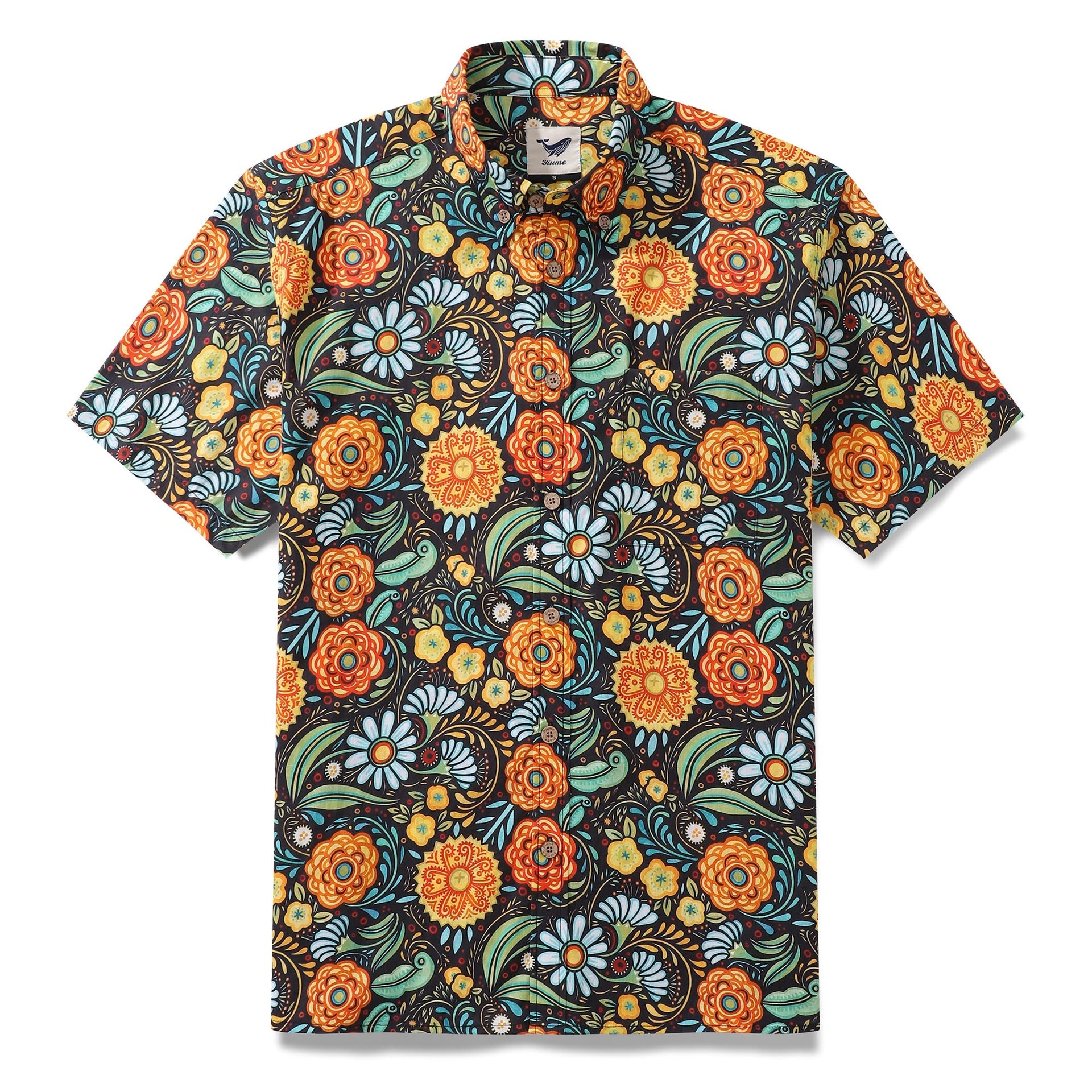 Short sleeve 1950s style floral cotton shirt in orange, yellow, and white.