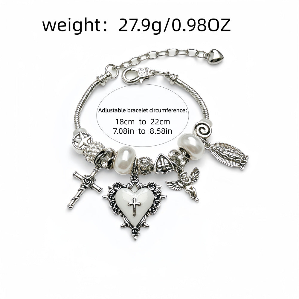 Retro Silver-White Heart And Cross Bracelet