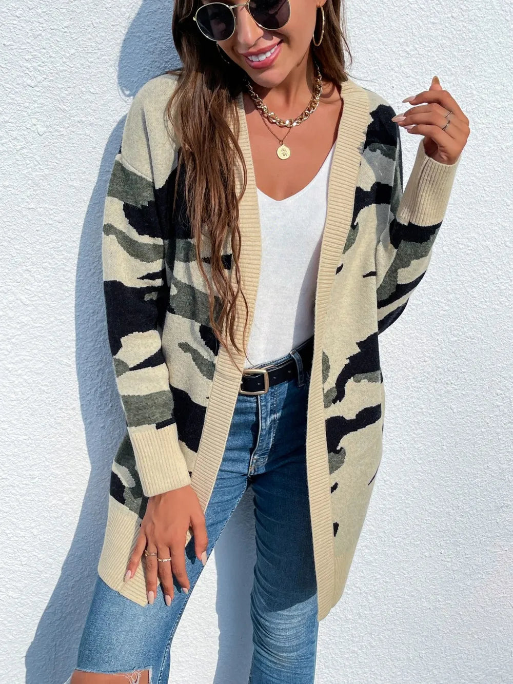 Camouflage Dropped Shoulder Open Front Cardigan | Viscose Knit