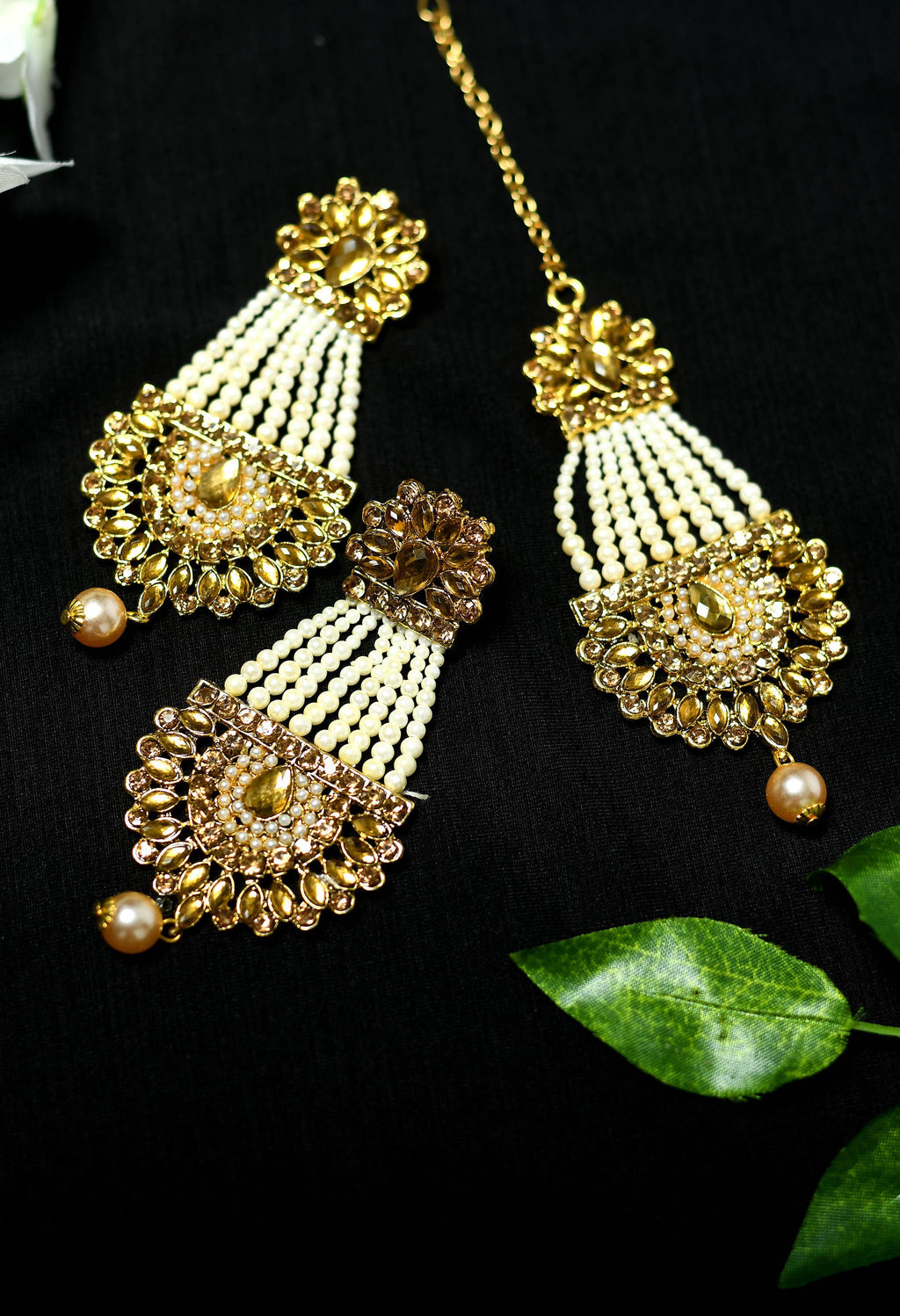 Golden Kundan and Pearl Jhumka Earrings with Maang Tikka