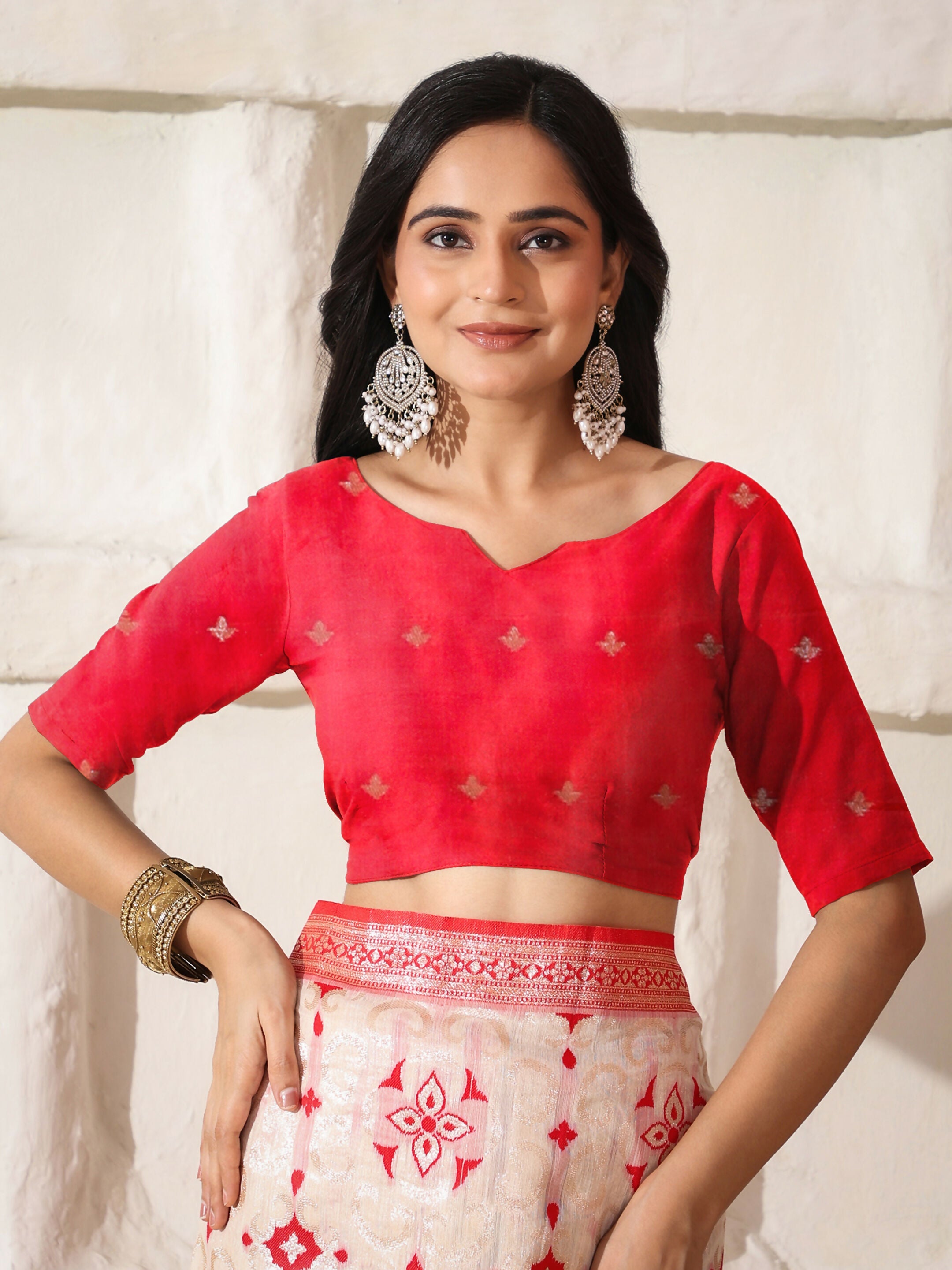 Linen Cotton Red and White Saree with Matching Blouse