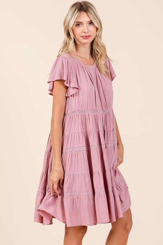 Lace Detail Ruffled Button Down Tiered Maxi Dress