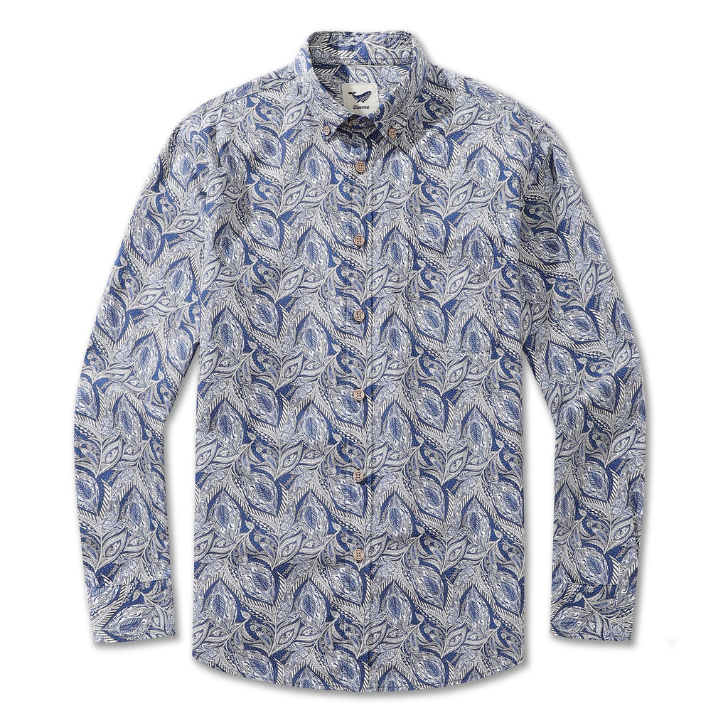Men's long-sleeve button-down shirt featuring an intricate large leaf print in shades of blue and white.