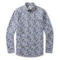 Men's long-sleeve button-down shirt featuring an intricate large leaf print in shades of blue and white.