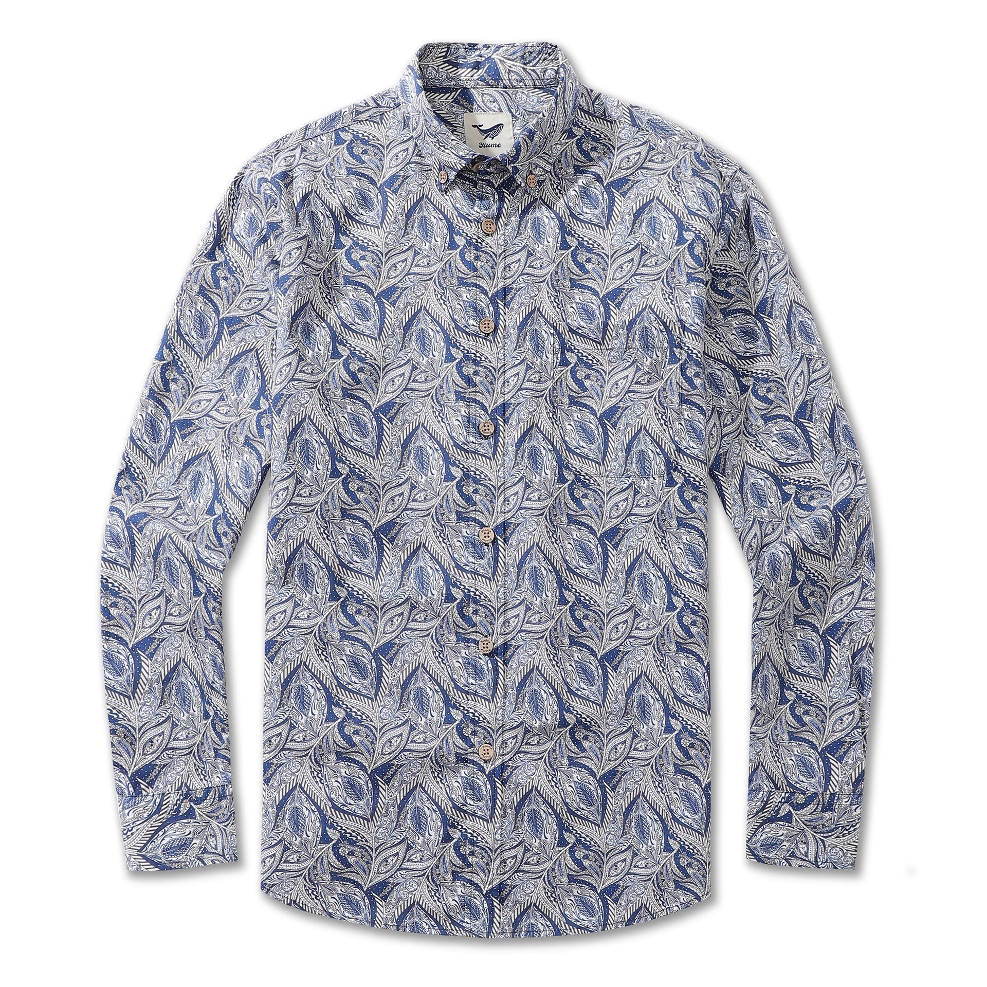 Men's long-sleeve button-down shirt featuring an intricate large leaf print in shades of blue and white.