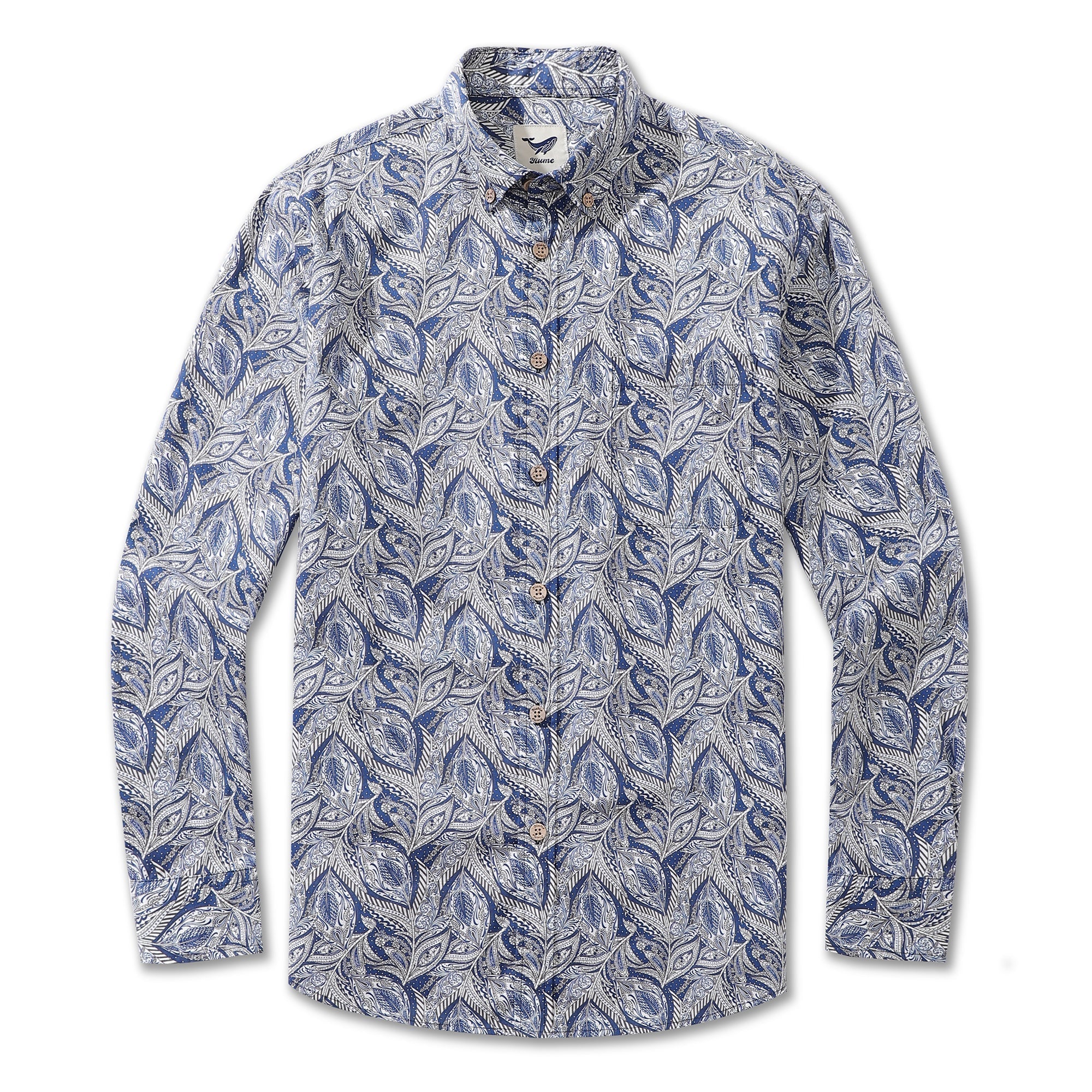 Men's long-sleeve button-down shirt featuring an intricate large leaf print in shades of blue and white.