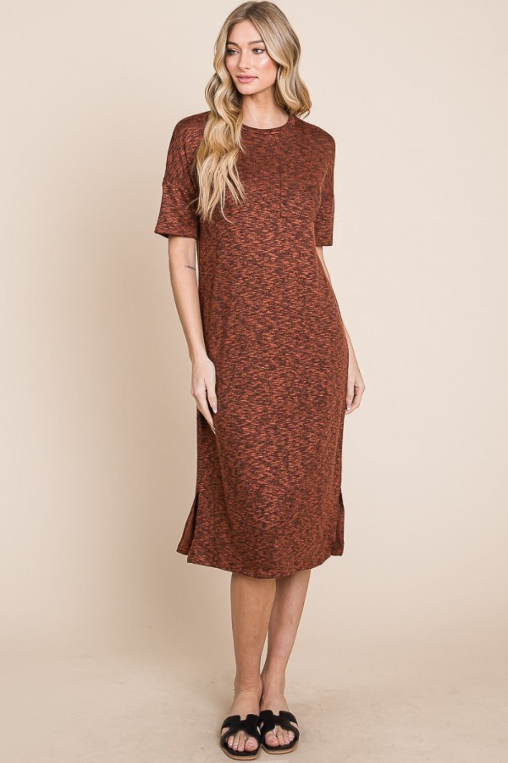 Round Neck Side Slit Midi Dress in Rust or Black