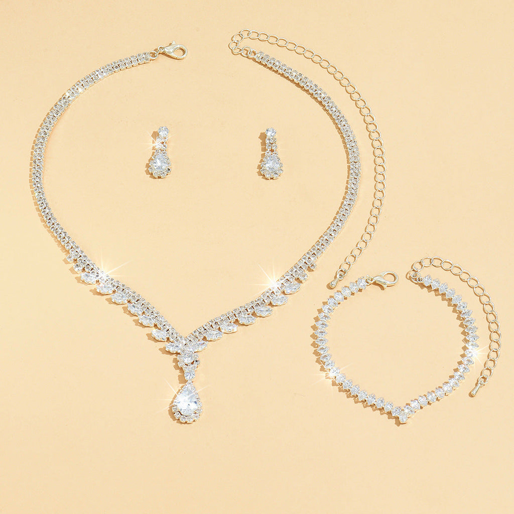 European And American New Style Water Drop Earrings, Necklace, Bracelet Three-Piece Set, Fashionable And Super Shiny, High-End Crystal Zircon Bridal Jewelry