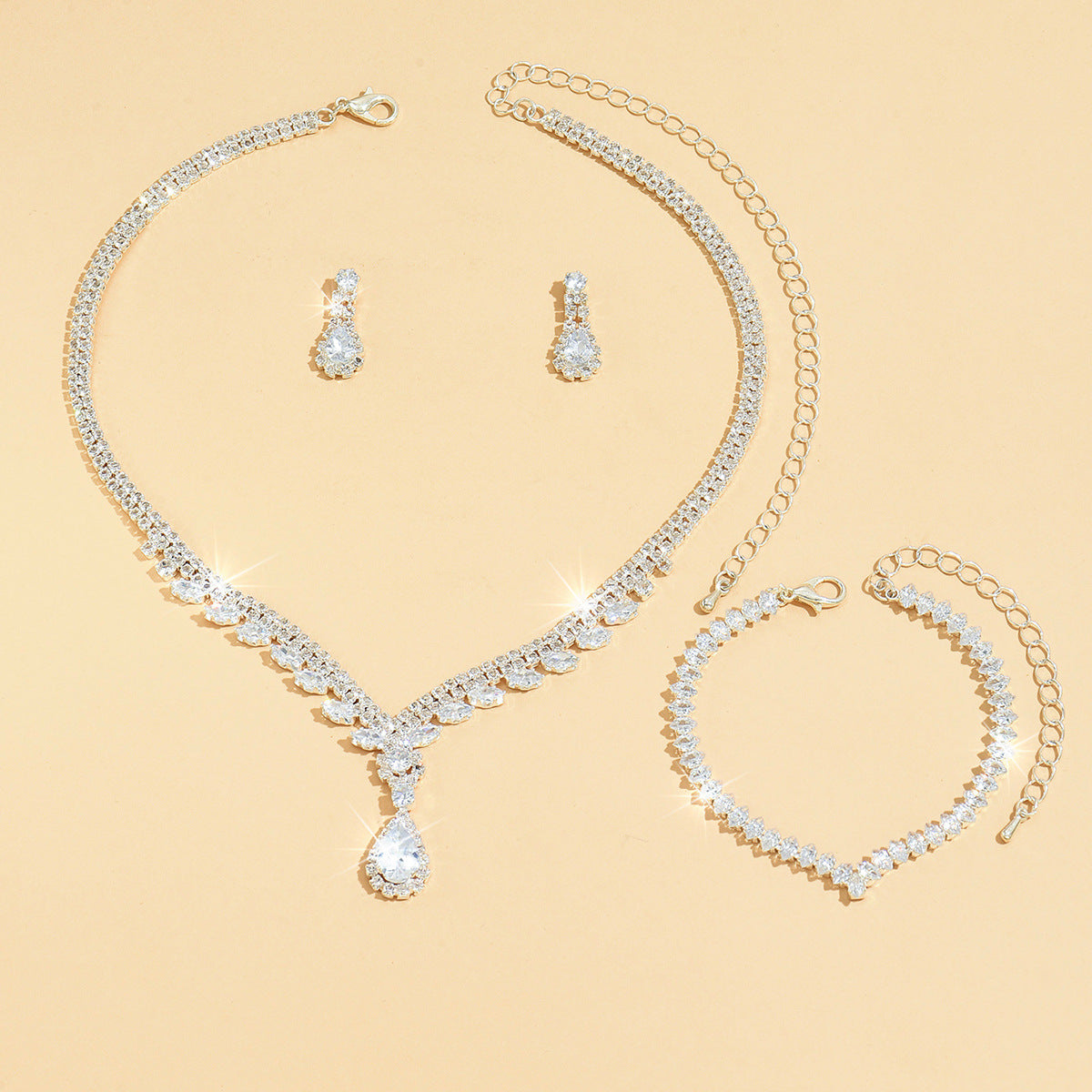 European And American New Style Water Drop Earrings, Necklace, Bracelet Three-Piece Set, Fashionable And Super Shiny, High-End Crystal Zircon Bridal Jewelry