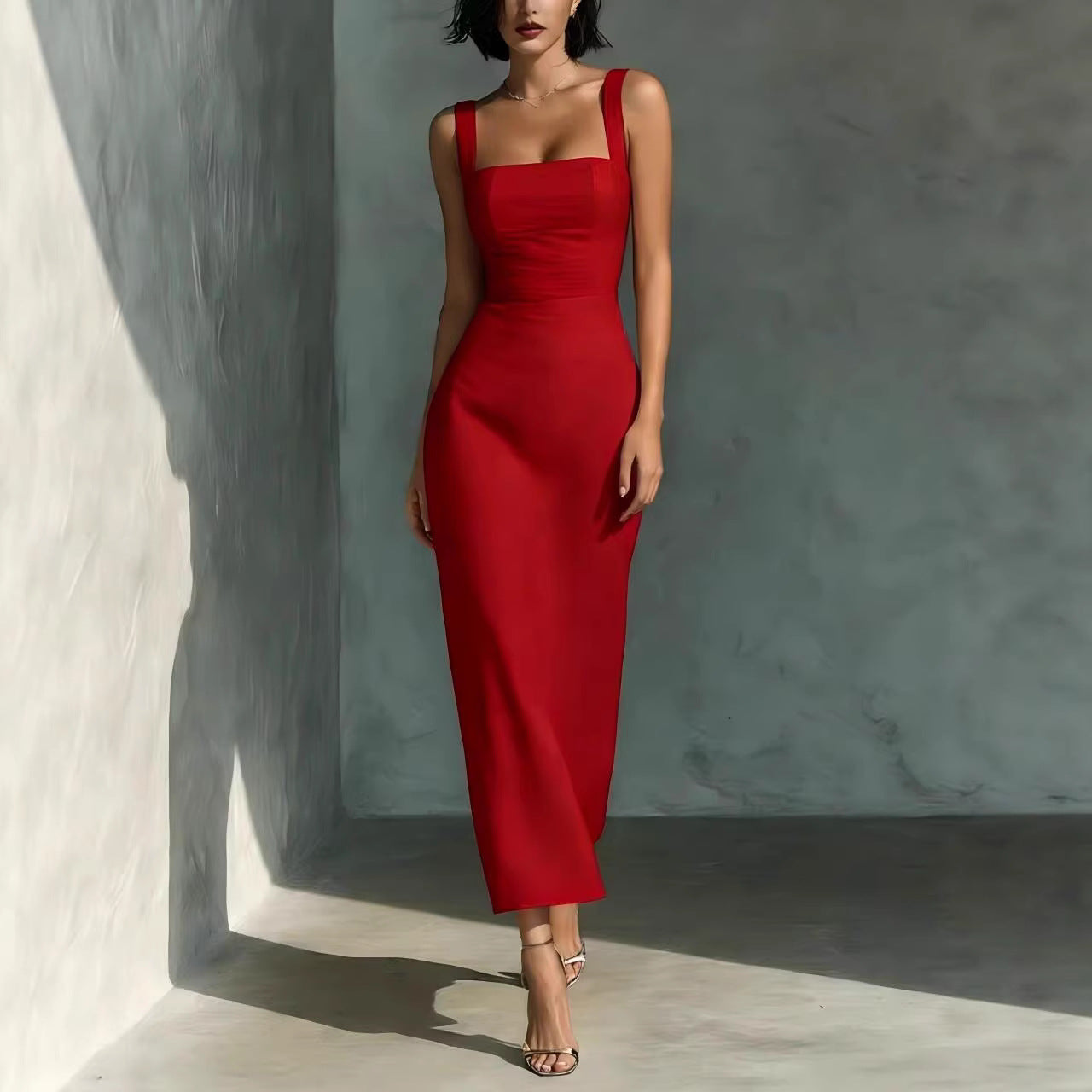Square Neck Midi Dress for Women High Waist Bodycon Fit - Image 4