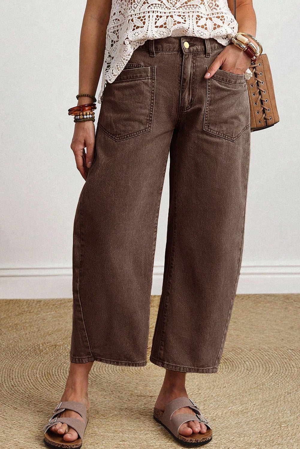 Rhea Mid-Rise Barrel Jeans in Brown - Relaxed Ankle Length Denim