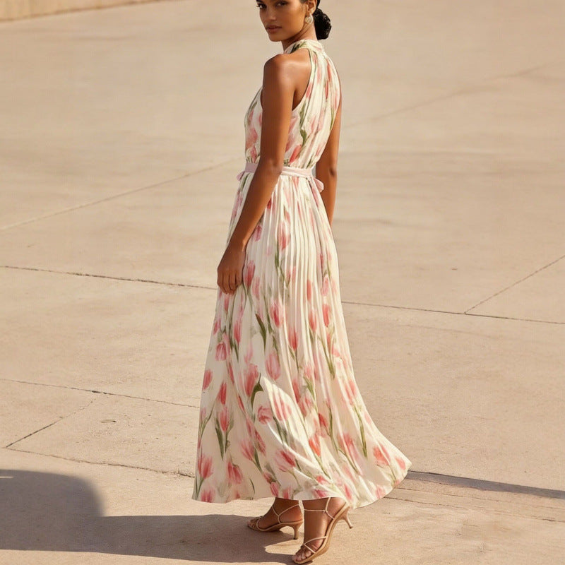 Floral Print Halterneck High-Waist Pleated Midi Dress