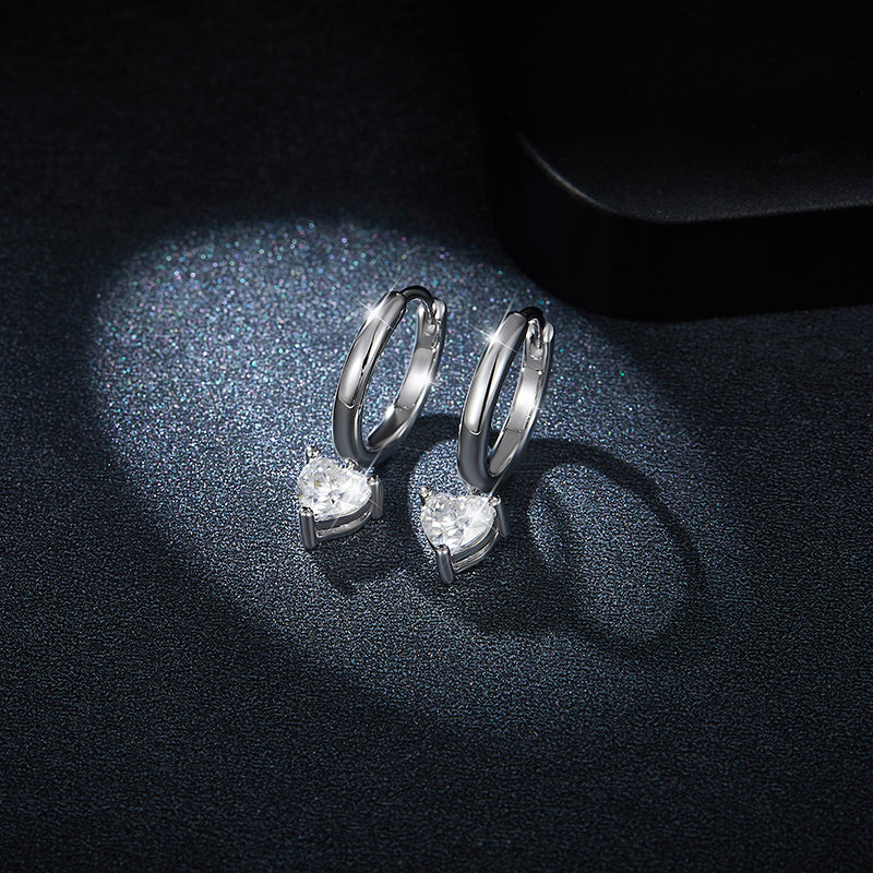 S925 Sterling Silver Heart Moissanite Hoop Earrings Platinum Plated