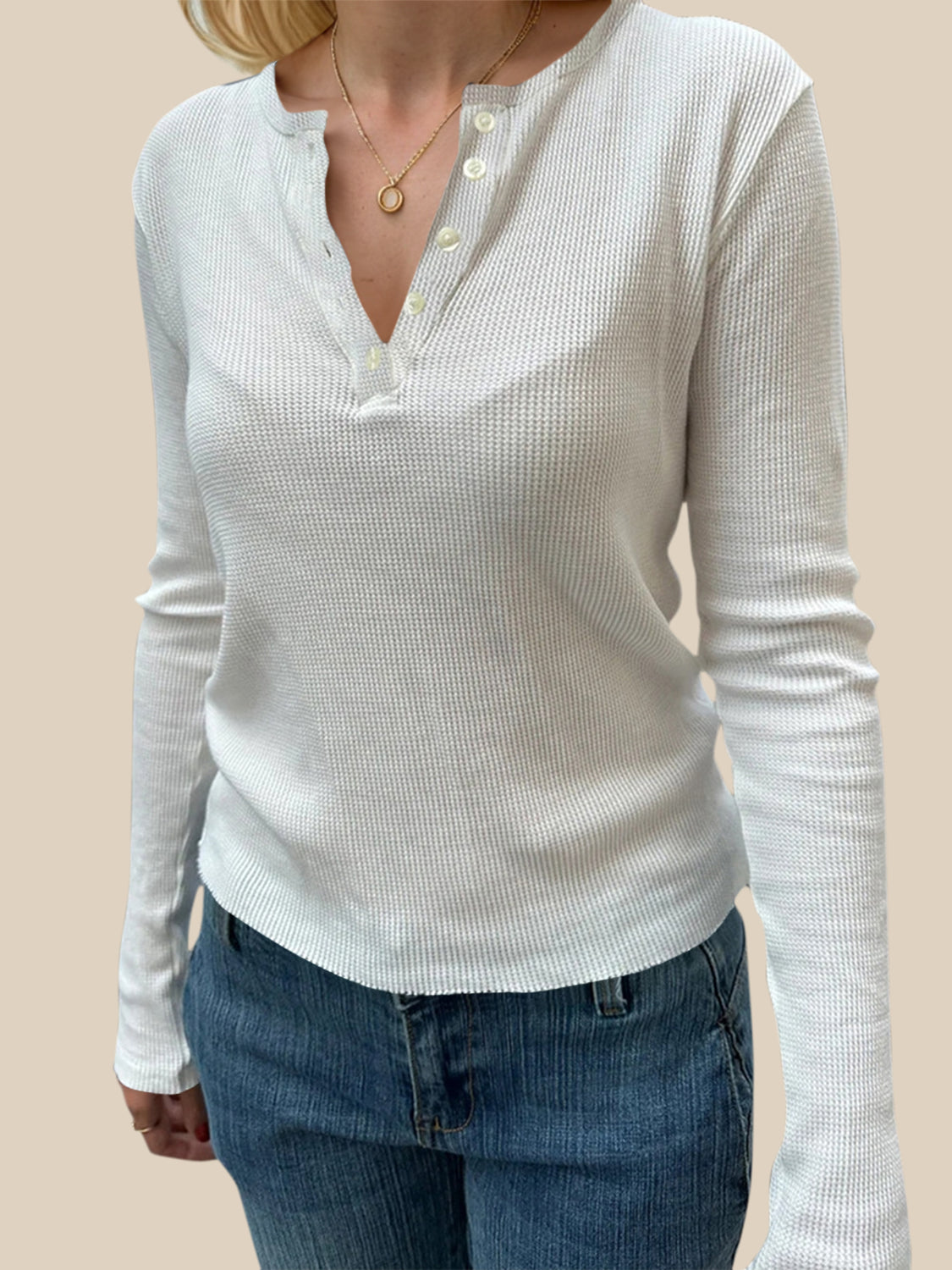 White Waffle Knit Long Sleeve Button Up Henley T-Shirt - Image 3