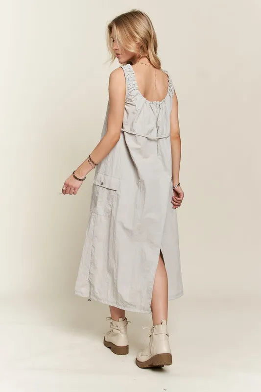 Summer Drawstring Slit Back Cargo Dress in Light Grey & Beige