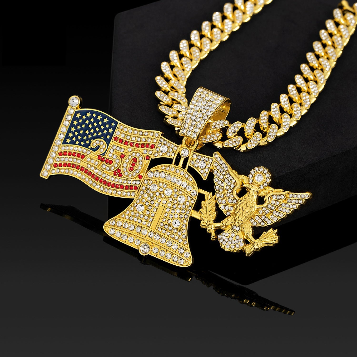 American 250Th Anniversary Liberty Bell White Eagle Pendant Necklace Alloy Diamond-Encrusted Cuban Chain Hip-Hop Accessory