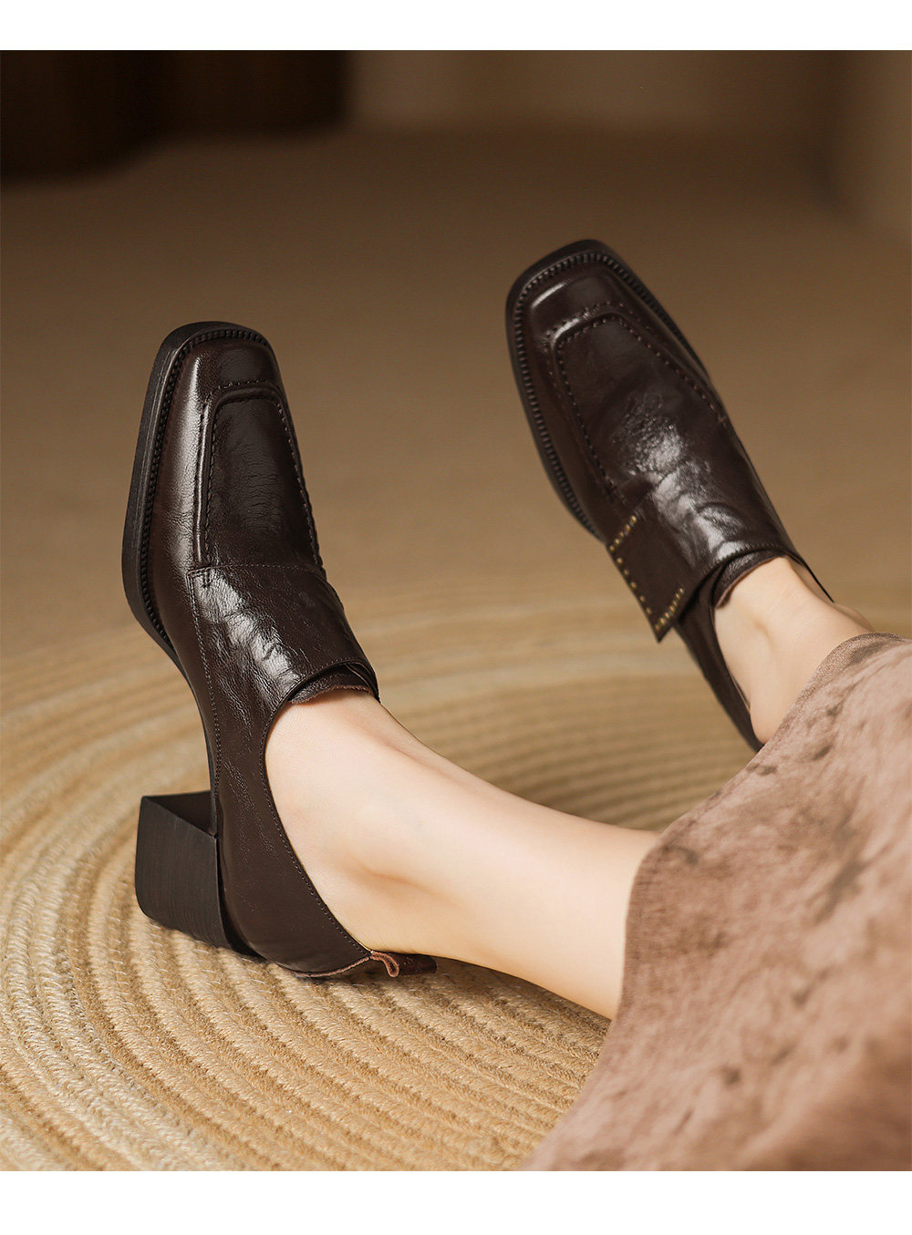 Black Square Toe Chunky Heel Pumps with Studded Accents