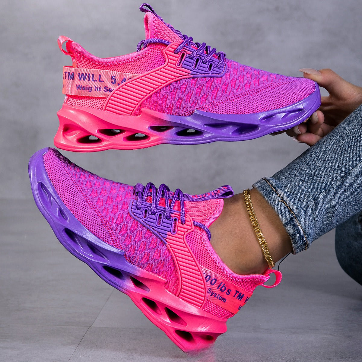 Women’s Yellow and Pink Sporty Knit Running Sneakers - Image 3