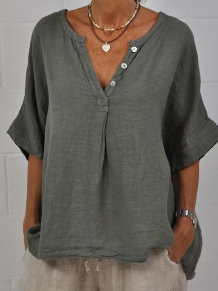 Women's Cotton Linen V-Neck Button-Up Shirt Casual Top - Image 7
