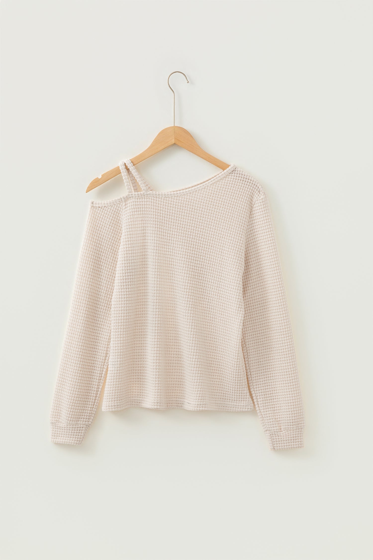 Textured Knit Asymmetric Shoulder Long Sleeve Top