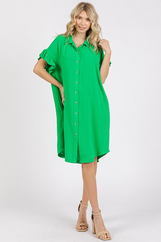 Button-down midi dress featuring flounce sleeves and side pockets.