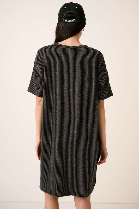 Rib Knit Short Sleeve Tee Dress in Charcoal Grey