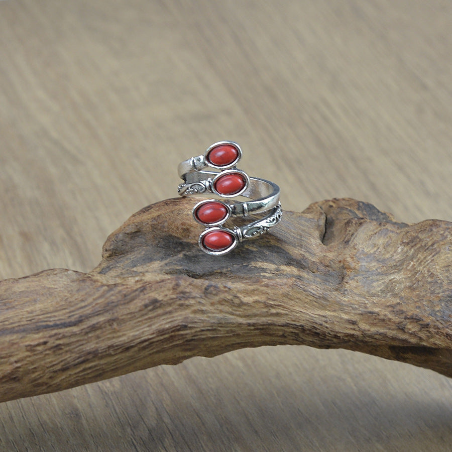 New Cross-Border Fashion Exaggerated Red Turquoise Ring European And American Creative Retro Opening Adjustable Ethnic Style Unisex