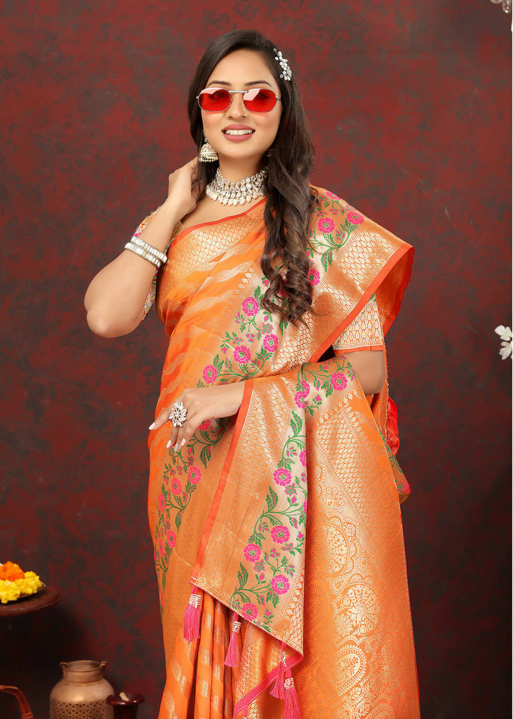 Orange Soft Cotton Leheriya Saree with Elegant Zari Woven Design