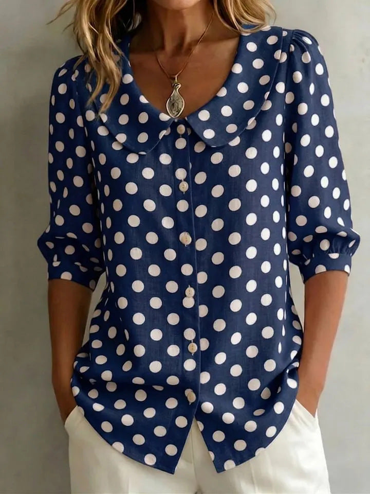 Women's Red Retro Polka Dot Three-Quarter Sleeve Button Down Shirt - Image 7