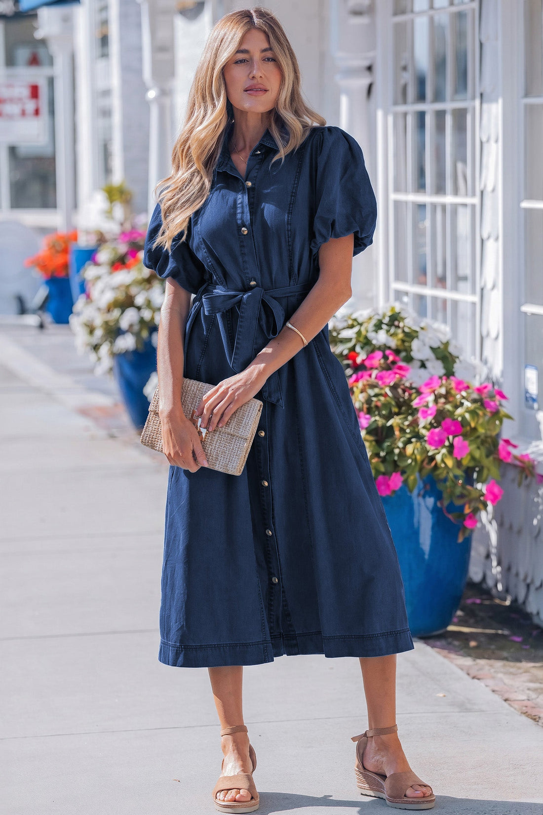 Makayla Bubble Sleeve Denim Button Down Midi Dress in Dark Blue