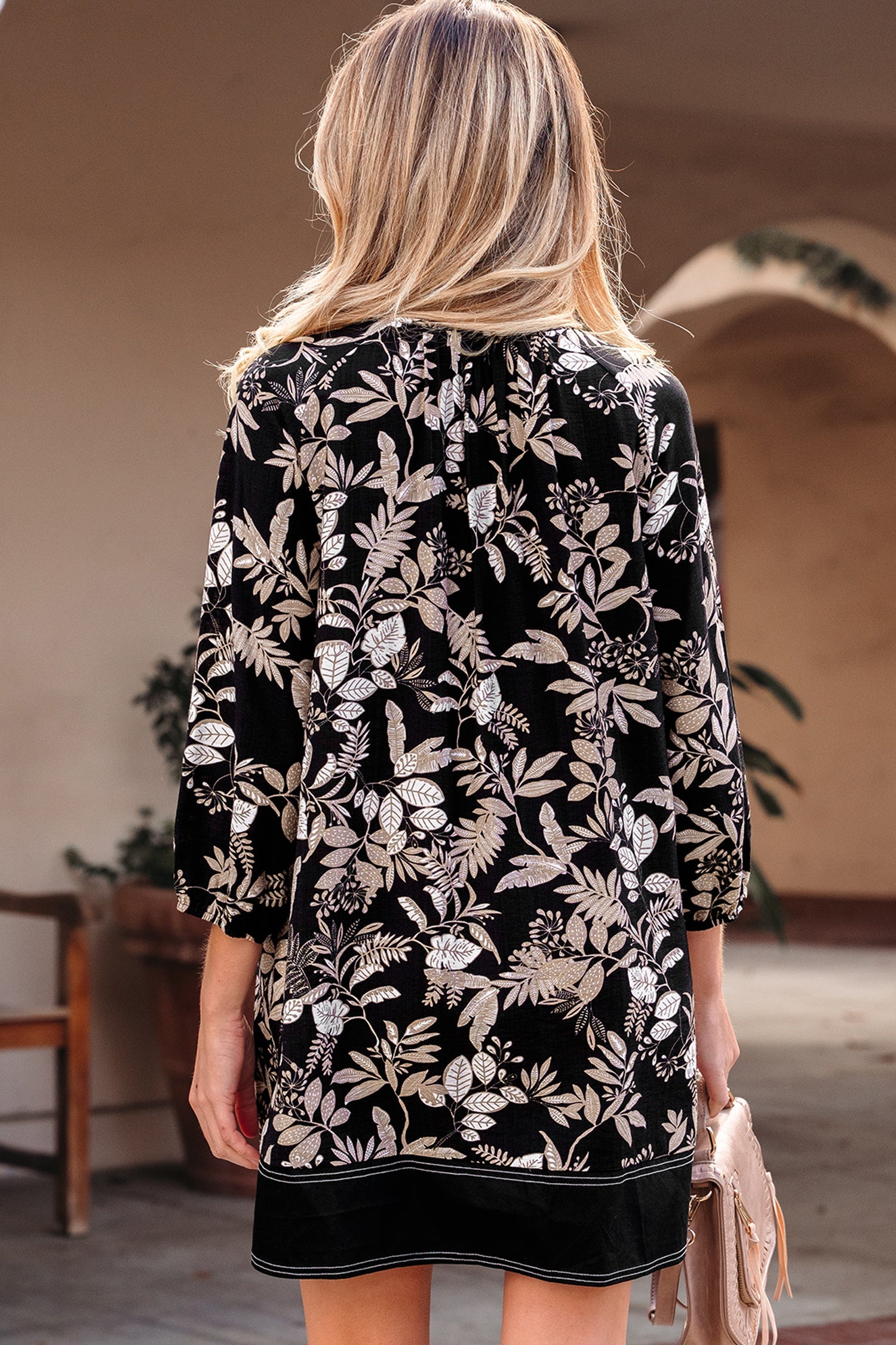 Zaria Botanical Print Split Neck Loose Mini Dress