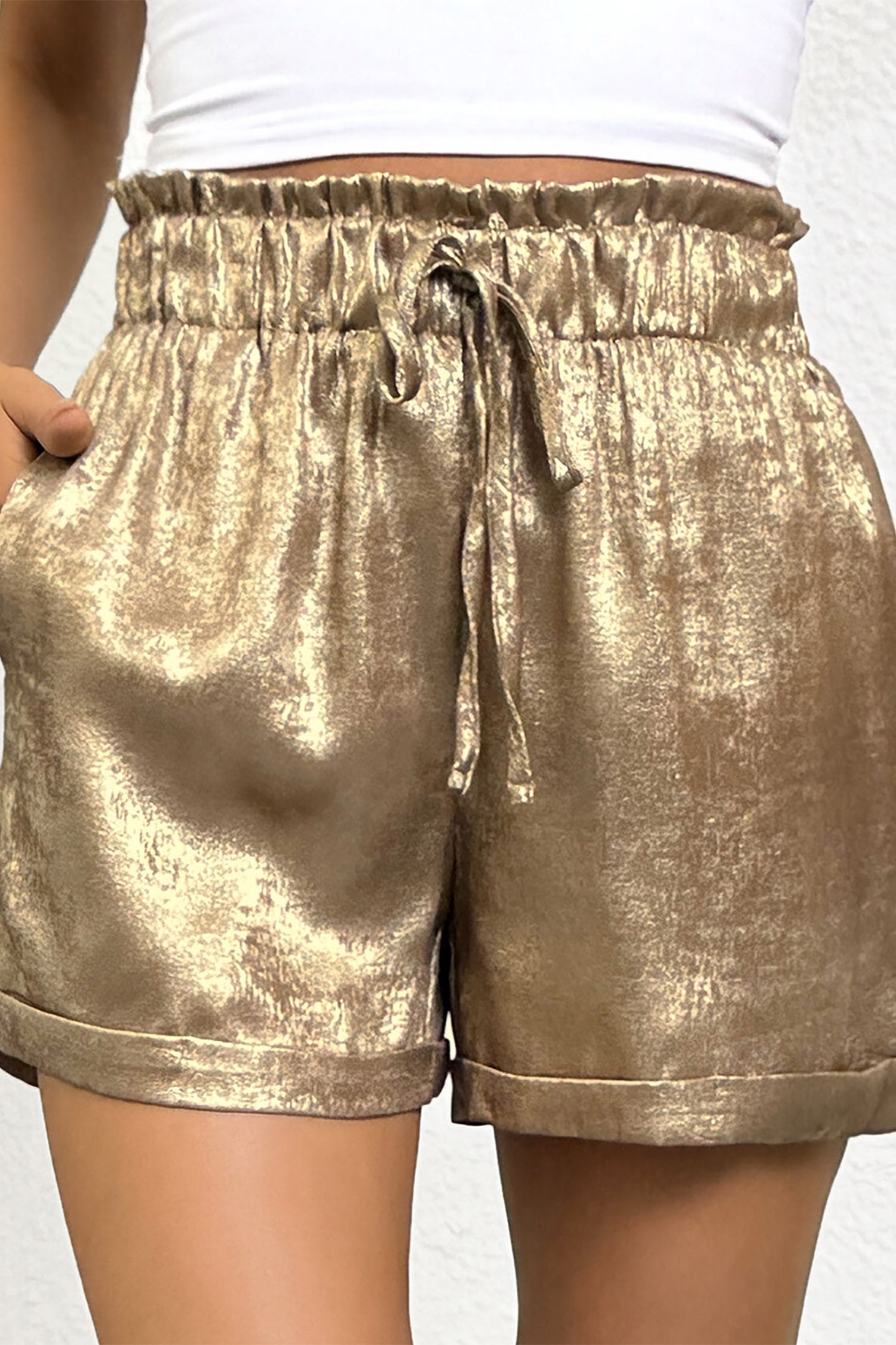 Metallic Tie Elastic Waist Cuffed Hem Shorts