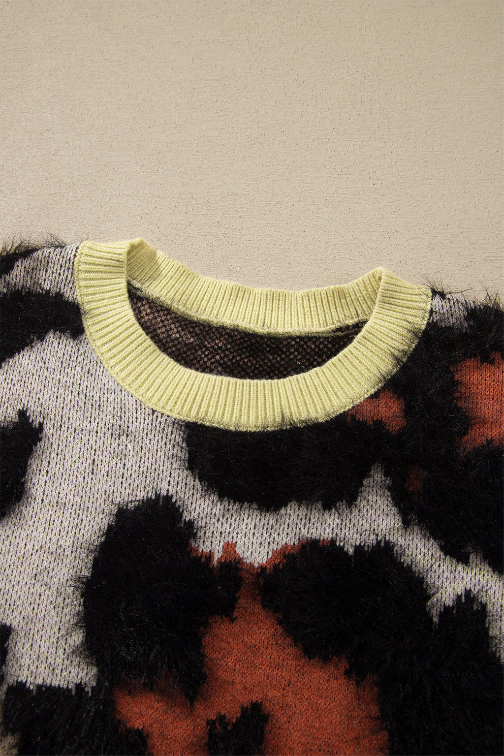 Leopard Colorblock Trim Drop Shoulder Fuzzy Sweater