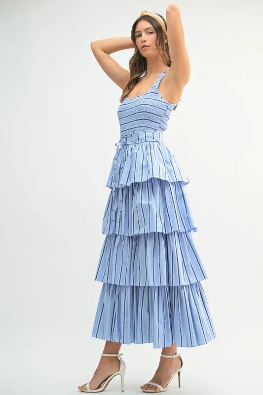 Pinstripe Smocked Bodice Layered Midi Dress in Light Blue