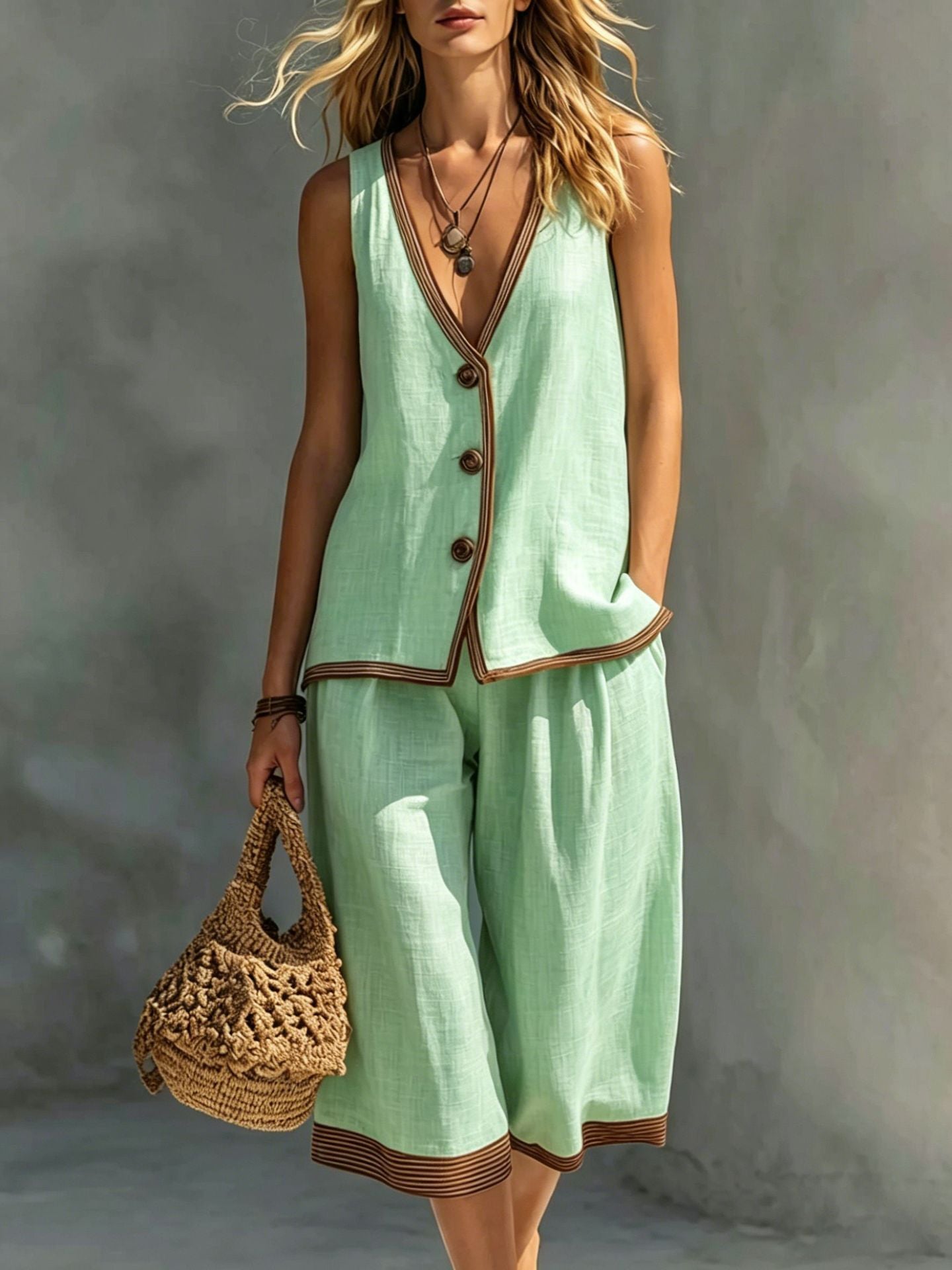 Women's Sleeveless Buttoned Vest and Shorts Two-Piece Linen Set