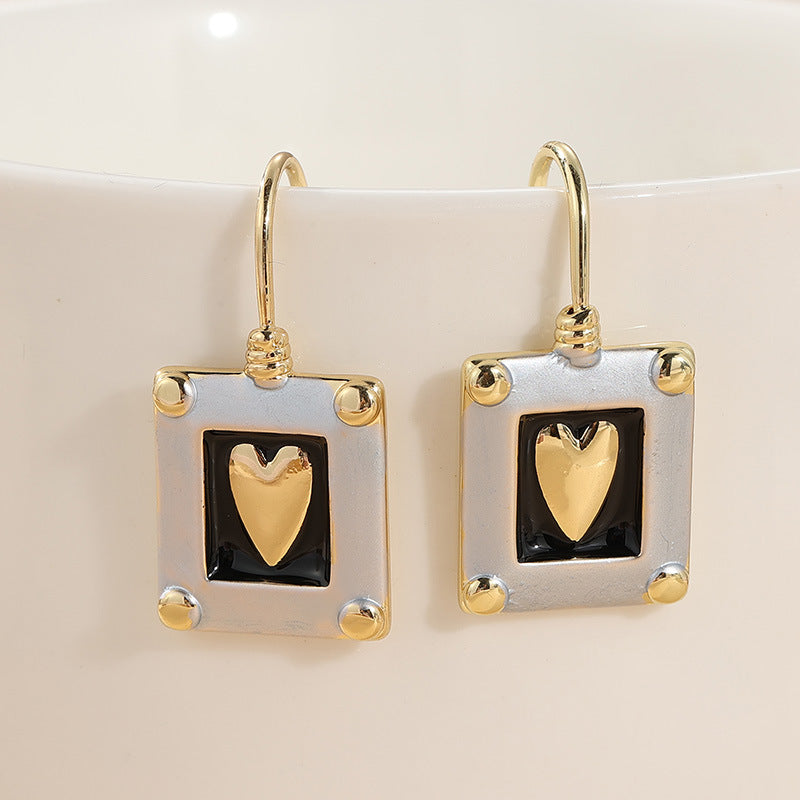 Vintage Black Heart Rectangle Drop Earrings Silver Gold Tone Brass Women Versatile Fashion Jewelry Elegant