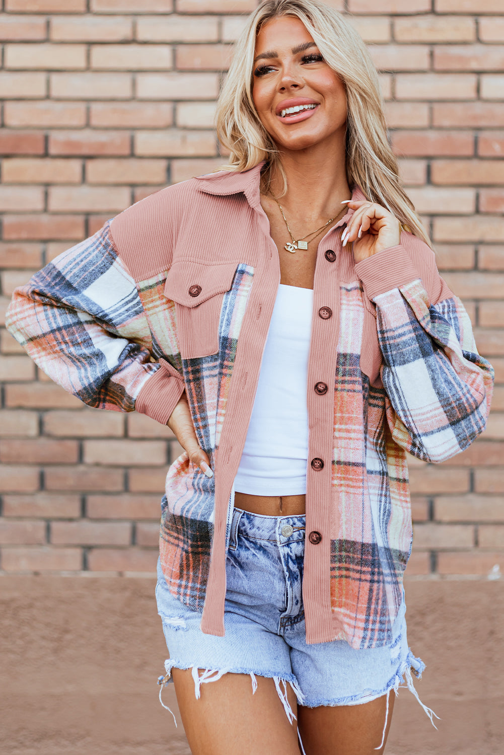 Plaid Corduroy Patchwork Pocketed Shacket