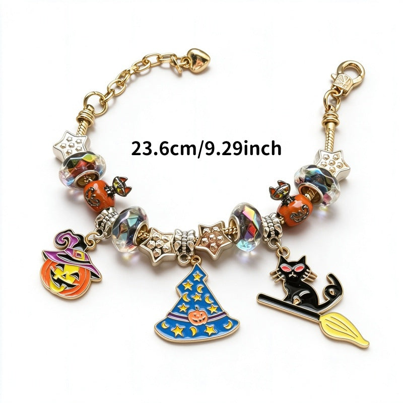 Halloween Bracelet With Witch, Black Cat, Pumpkin, And Stars