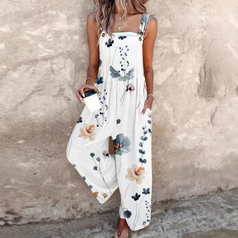 Women's Square Neck Floral Print Sleeveless Casual Jumpsuit