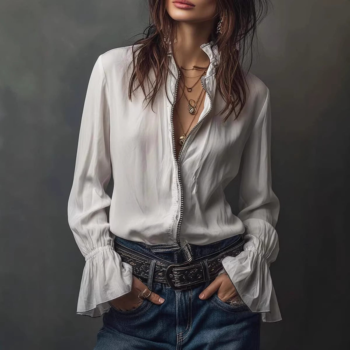 White Ruffled Long Sleeve Resort Blouse with Zipper Detail