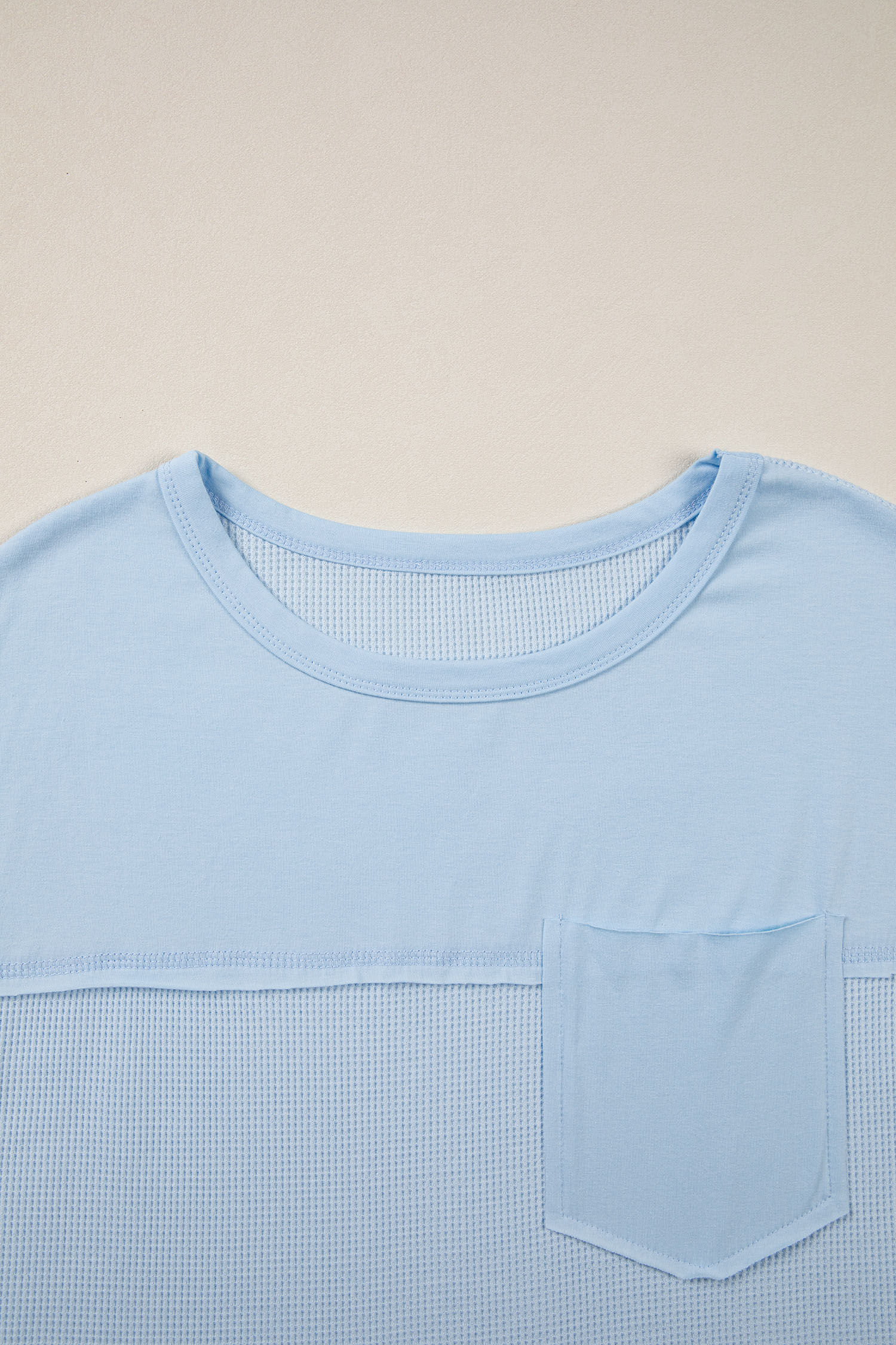 Waffle Patchwork Raw Seam Short Sleeve T-Shirt in Pink
