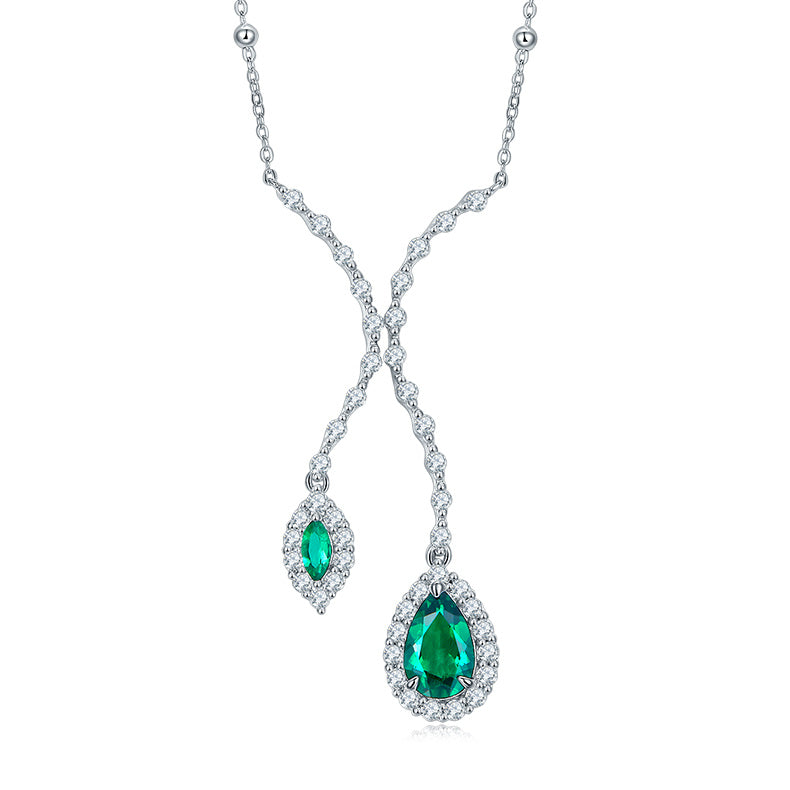 S925 Silver 7.2g 1.88ct Lab-Created Emerald Lariat Necklace, 11x7mm 6x3mm, 40&5cm