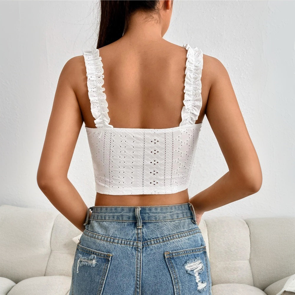 Women's Elegant White Lace Camisole Ruffle Strap Crop Top - Image 4